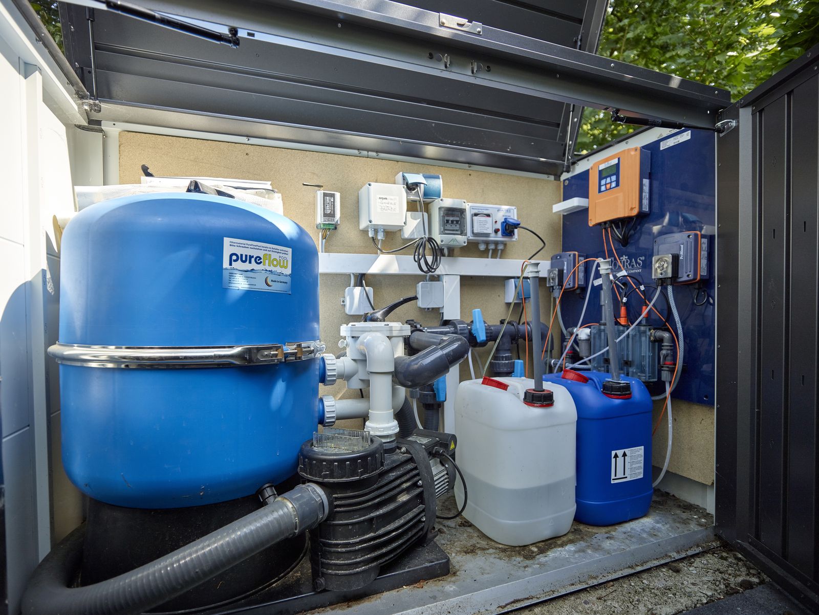 Technikbox mit Sandfilter, Pumpe und Dosiertechnik